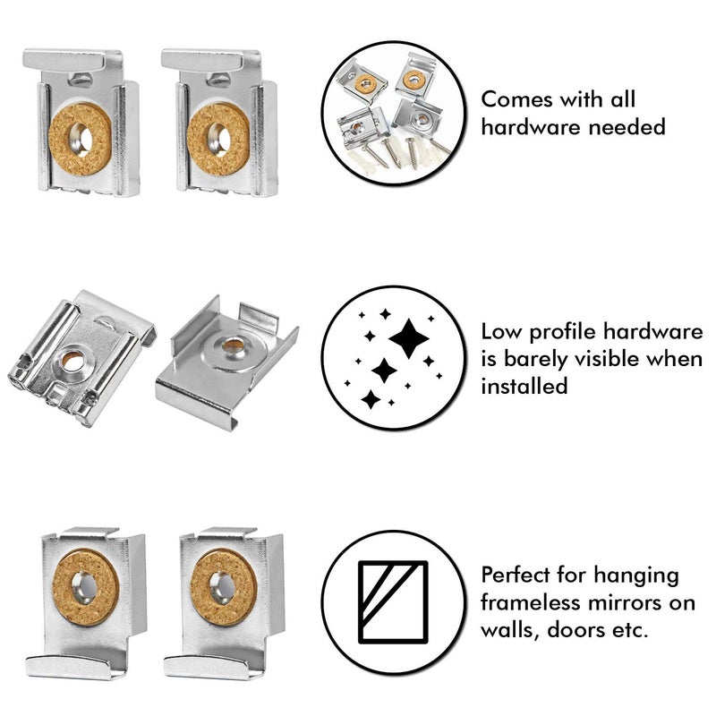 Millennial Essentials 2 Sets (8 Pieces) Spring Loaded Mirror Hanger Clips Set Unframed Mirror Mount Clips with Screws and Rawl Plugs (2 Sets (8pc)) - Image 2